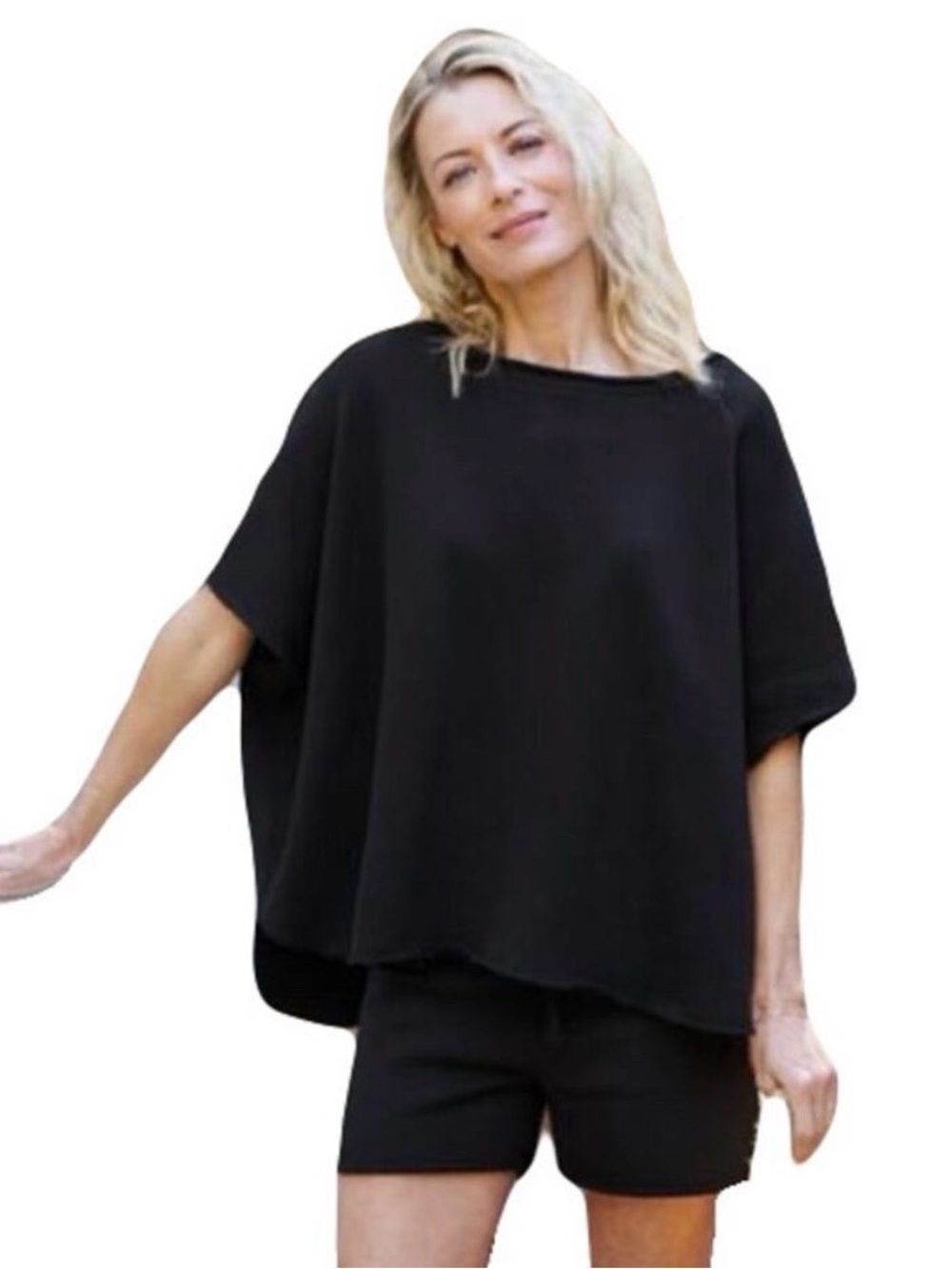 Frank & Eileen Black Capelet Oversized Short-Sleeve Tunic sweatshirt funnel neck